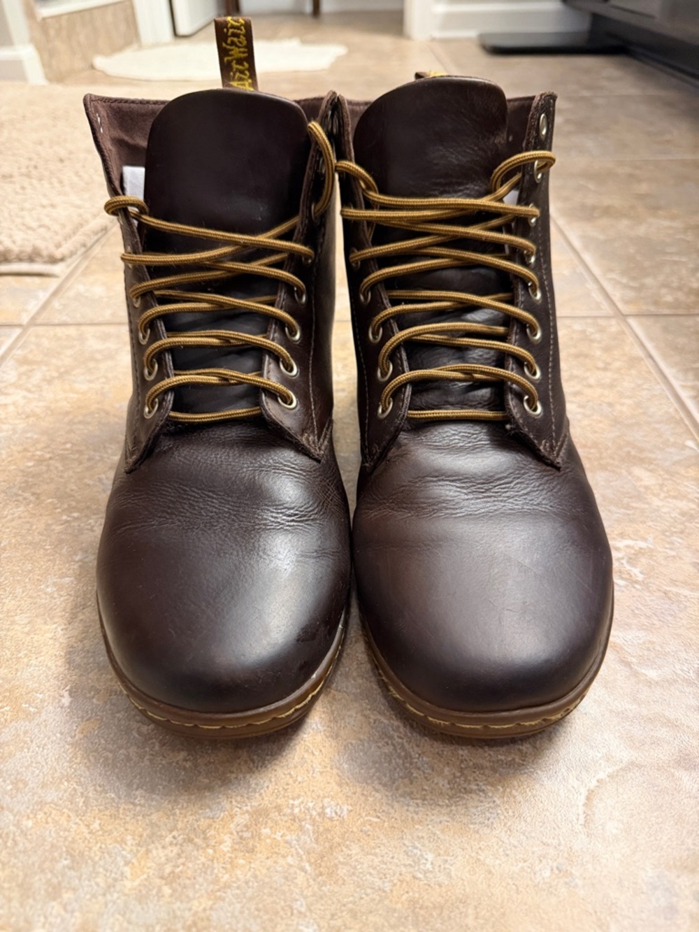 Dr. Martens Men's Dark Brown Leather Lace-Up Boots with Yellow Stitching